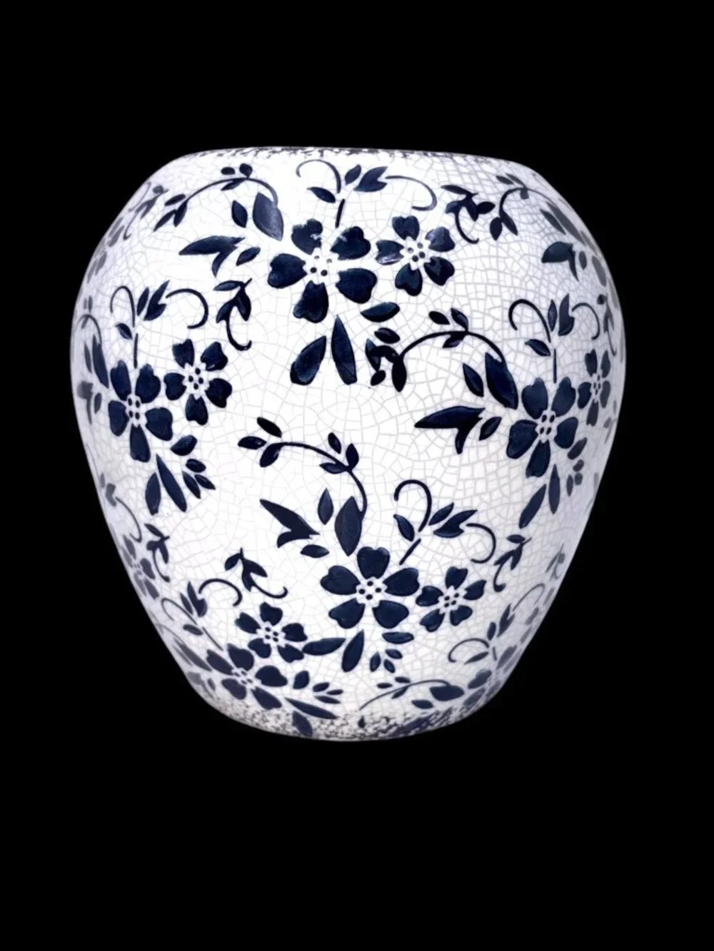 Vintage Blue White Crackle Glaze Ceramic Cachepot Planter Vase Floral 7.25